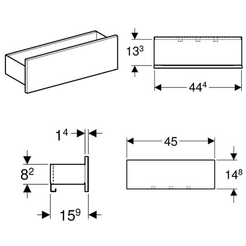 GEBERIT ACANTO polica 45x15,9x14,8 cm, nástenná, mat/lesk čierna 500.617.16.1 Technický nákres