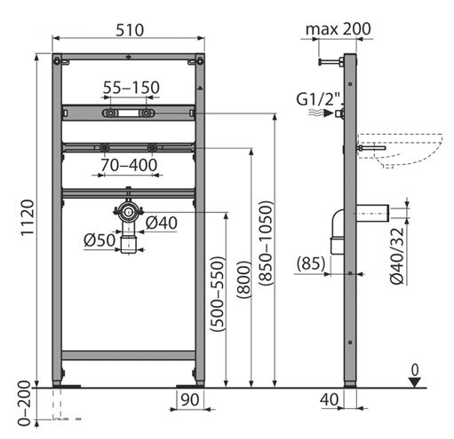 ALCA A104A/1120 montážny rám pre umývadlo a batériu 112,2 cm A104A/1120 Technický nákres