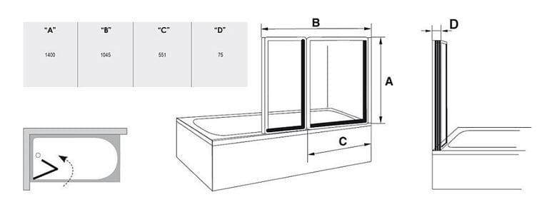 RAVAK VS2 vaňová zástena 105x140 cm, skladacia, biela/sklo grape 796M0100ZG Technický nákres