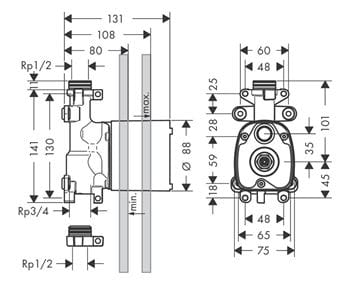 AXOR SHOWER SOLUTIONS podomietkové teleso DN15 10650180 Technický nákres