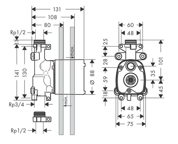 AXOR SHOWER SOLUTIONS podomietkové teleso DN15 10650180 Technický nákres