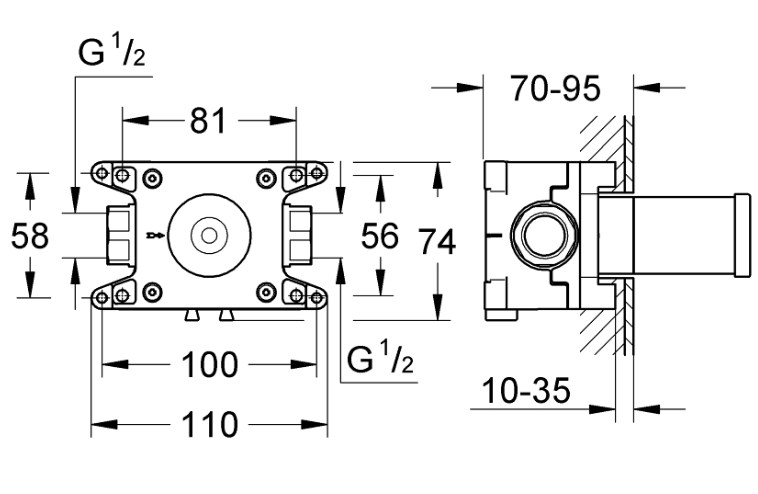GROHE RAPIDO C teleso pre ovládač prietoku DN15 35028000 Technický nákres