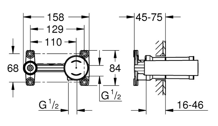 GROHE podomietkové teleso DN15 23571000 Technický nákres