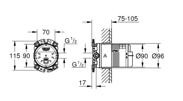 GROHE RAINSHOWER podomietkové teleso DN15 26484000 Technický nákres