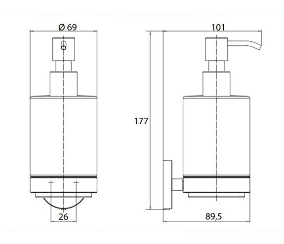 EMCO CONCEPT WHITE dávkovač tekutého mydla, nástenný, sklo, matná biela CW432113900 Technický nákres