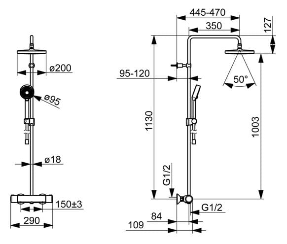 HANSA MICRA sprchový set s termostatickou batériou, horná sprcha, ručná sprcha s 3 prúdmi, tyč, hadica, matná čierna 4435013033 Technický nákres