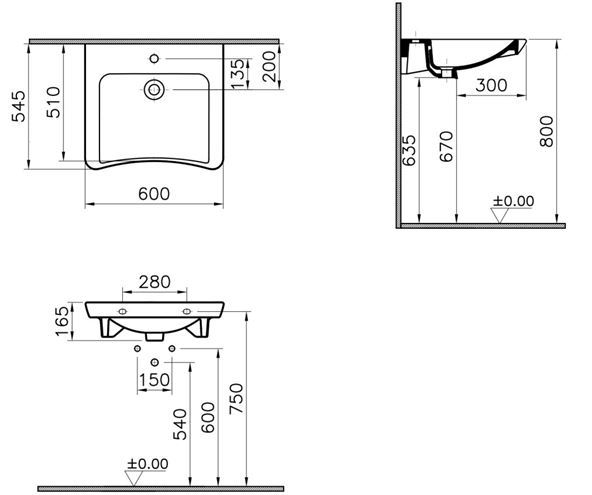 CONCEPT 100 bezbariérové umývadlo 60 cm, bez otvoru pre batériu, bez prepadu 5289B003-0016 Technický nákres