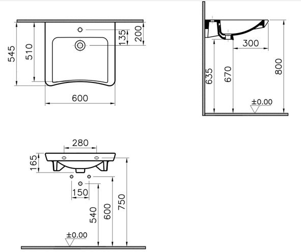 CONCEPT 100 bezbariérové umývadlo 60 cm, s otvorom pre batériu, bez prepadu 5289B003-0041 Technický nákres