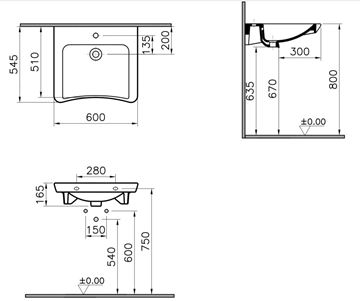 CONCEPT 100 bezbariérové umývadlo 60 cm, s otvorom pre batériu, bez prepadu 5289B003-0041 Technický nákres
