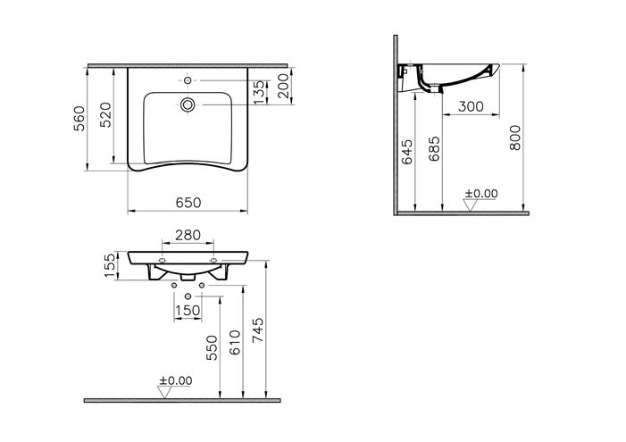 CONCEPT 100 bezbariérové umývadlo 65 cm, s otvorom pre batériu, bez prepadu 5291B003-0041 Technický nákres