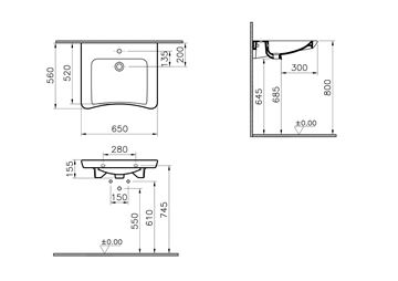 CONCEPT 100 bezbariérové umývadlo 65 cm, s otvorom pre batériu, bez prepadu 5291B003-0041 Technický nákres