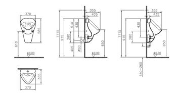 CONCEPT 100 NORMUS pisoár s tlakovým splachovačom, horný prívod vody, alpská biela 6563N003-1656 Technický nákres