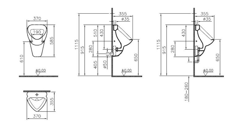 CONCEPT 100 NORMUS pisoár s tlakovým splachovačom, horný prívod vody, alpská biela 6563N003-1656 Technický nákres
