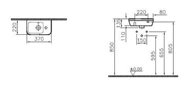VITRA INTEGRA umývadlo 37 cm, s otvorom pre batériu vpravo a prepadom, VitrAhygiene 7091L003-0029 Technický nákres