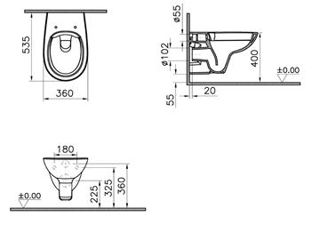 CONCEPT 100 závesné WC, Rimless splachovanie, alpská biela 7273L003-1428 Technický nákres