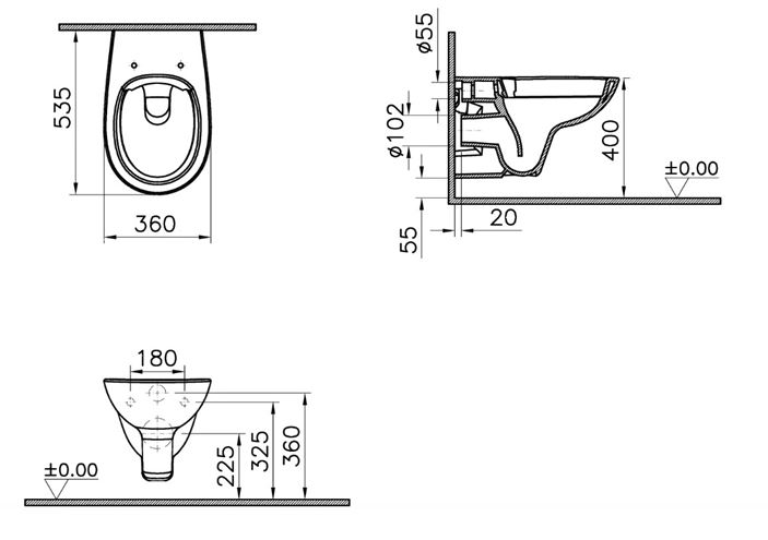CONCEPT 100 závesné WC, Rimless splachovanie, alpská biela 7273L003-1428 Technický nákres