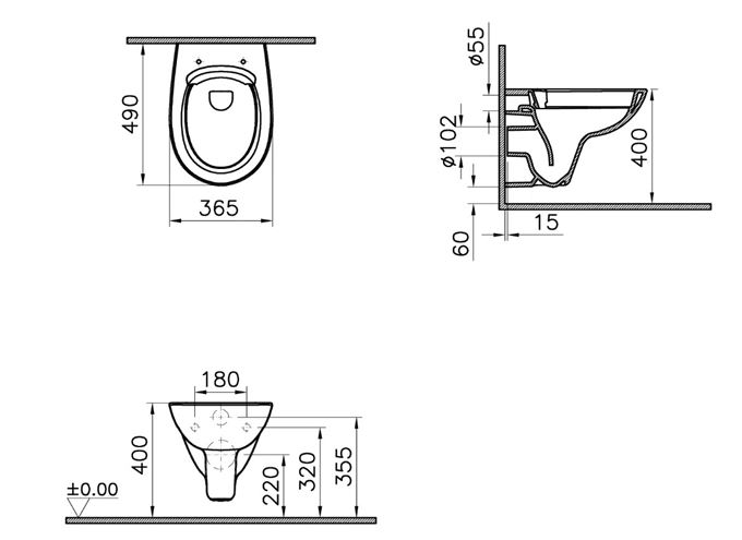 CONCEPT 100 závesné WC, Rimless splachovanie, alpská biela 7274L003-1428 Technický nákres