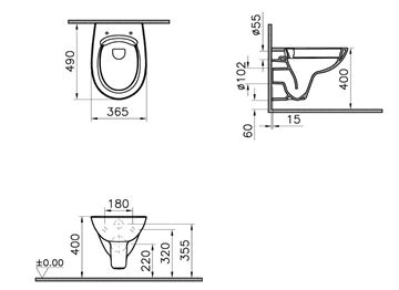 CONCEPT 100 závesné WC, Rimless splachovanie, alpská biela 7274L003-1428 Technický nákres