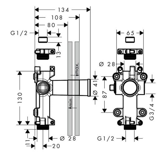 AXOR ONE podomietkové teleso DN15 45770180 Technický nákres