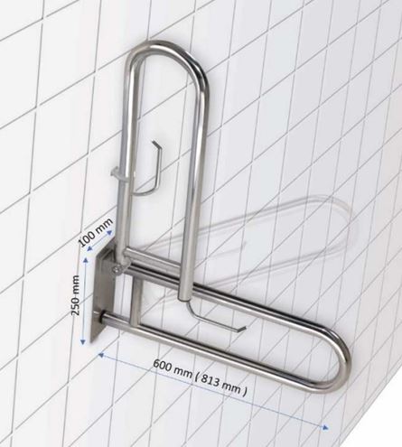 AZP BRNO REHA sklopné madlo 813 mm, s držiakom toaletného papiera, biela R1061104TP Technický nákres