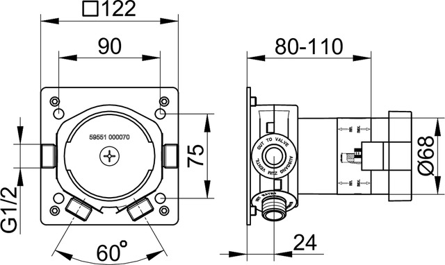 KEUCO IXMO podomietkové teleso DN15 59551000070 Technický nákres