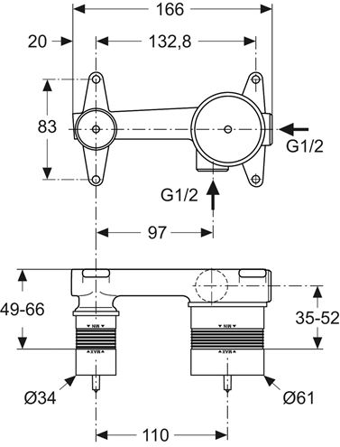 IDEAL STANDARD MELANGE podomietkové teleso DN15 A5948NU Technický nákres