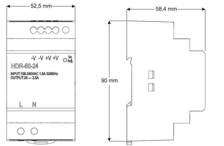 SANELA napájací zdroj 230/24 V, na lištu, pre max. 9 zariadení  SLZ 04Z Technický nákres