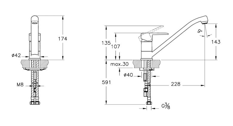 CONCEPT E50 III drezová batéria, chróm A43431EXP Technický nákres