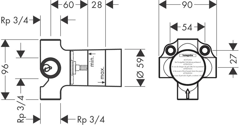 HANSGROHE QUATTRO podomietkové teleso 15930180 Technický nákres