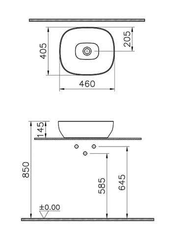 VITRA OUTLINE umývadlová misa 46 cm, bez prepadu, brúsená, VitrAhygiene 5994B401-0016 Technický nákres