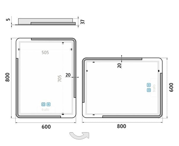 NIMCO ZP 15000 zrkadlo 60x80 cm, reverzibilné, s osvetlením, s reguláciou stmievania a teploty sveta, so senzorom ZP 15002VX Technický nákres