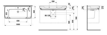 LAUFEN MEDA umývadlo 100 cm, s otvorom pre batériu a prepadom H8101190001041 Technický nákres
