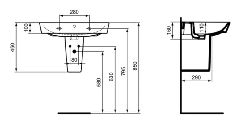 IDEAL STANDARD CONNECT AIR polostĺp pre umývadlo E030901 Technický nákres