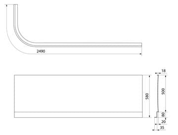 POLYSAN VIVA R čelný panel k vani 185x58 cm, pravý  72149 Technický nákres