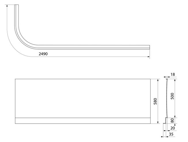 POLYSAN VIVA R čelný panel k vani 185x58 cm, pravý  72149 Technický nákres