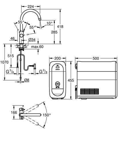 GROHE BLUE HOME drezová elektronická batéria, s filtračným a chladiacim zariadením, Bluetooth, napájanie zo siete, brúsený warm sunset 31455DL1 Technický nákres
