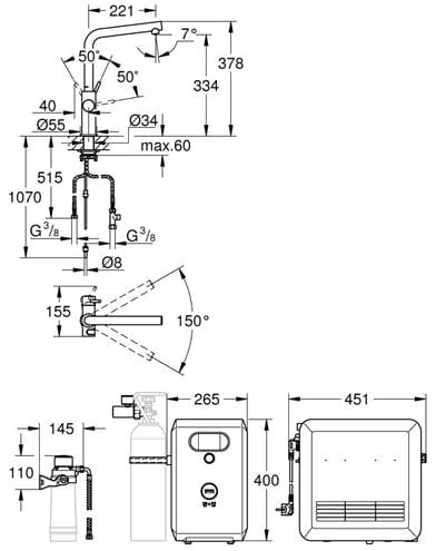 GROHE BLUE PROFESSIONAL drezové elektronická batéria, s filtračným a chladiacim zariadením, Bluetooth, napájanie zo siete, superseel 31347DC3 Technický nákres