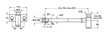 VITRA dizajnová sada sifónu k umývadlu s rohovými ventilmi, DN32, s prevlečnou maticou 5/4, lesklá medená A4515929 Technický nákres