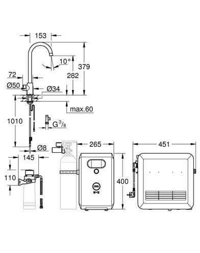 GROHE CONCETTO drezová batéria, supersteel 32661DC3 Technický nákres