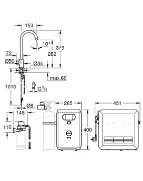 GROHE CONCETTO drezová batéria, supersteel 32661DC3 Technický nákres