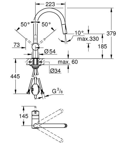 GROHE MINTA drezová batéria, s vyťahovacou sprškou, brúsený hard graphite 32321AL2 Technický nákres
