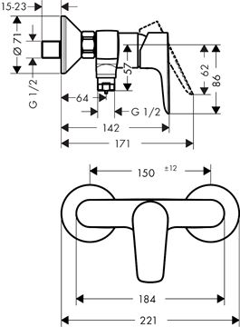 HANSGROHE TALIS E sprchová nástenná batéria, leštený vzhľad zlata 71760990 Technický nákres