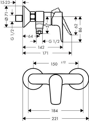 HANSGROHE TALIS E sprchová nástenná batéria, leštený vzhľad zlata 71760990 Technický nákres