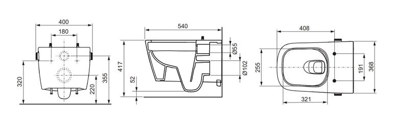 TECE NEO sprchovacie WC, Rimless, CeraClean 9700205 Technický nákres