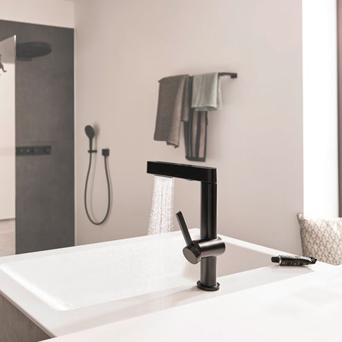 HANSGROHE FINORIS umývadlová stojanková batéria, s vyťahovacou sprškou a odtokovou súpravou, EcoSmart, matná čierna 76063670 Obrázek - fotka