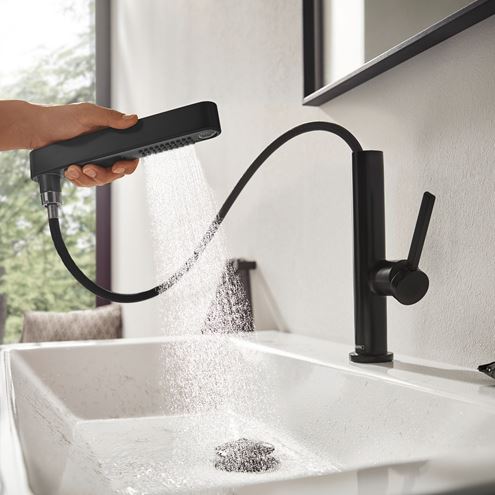 HANSGROHE FINORIS umývadlová stojanková batéria, s vyťahovacou sprškou a odtokovou súpravou, EcoSmart, matná čierna 76063670 Obrázek - fotka