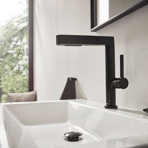 HANSGROHE FINORIS umývadlová stojanková batéria, s vyťahovacou sprškou a odtokovou súpravou, EcoSmart, matná čierna 76063670 Obrázek - fotka