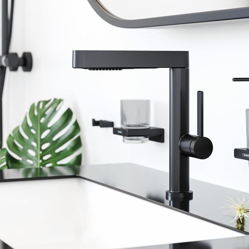 HANSGROHE FINORIS umývadlová stojanková batéria, s vyťahovacou sprškou a odtokovou súpravou, EcoSmart, matná čierna 76063670 Obrázek - fotka