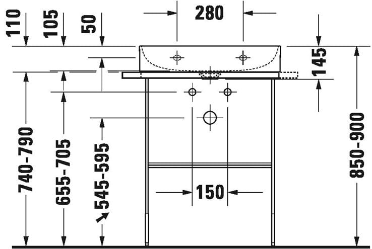 DURAVIT DURASQUARE kovový podstavec 665x451x740-790 mm, pre umývadlo, matná čierna 0031014600 Technický nákres