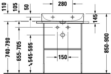 DURAVIT DURASQUARE kovový podstavec 665x451x740-790 mm, pre umývadlo, matná čierna 0031014600 Technický nákres